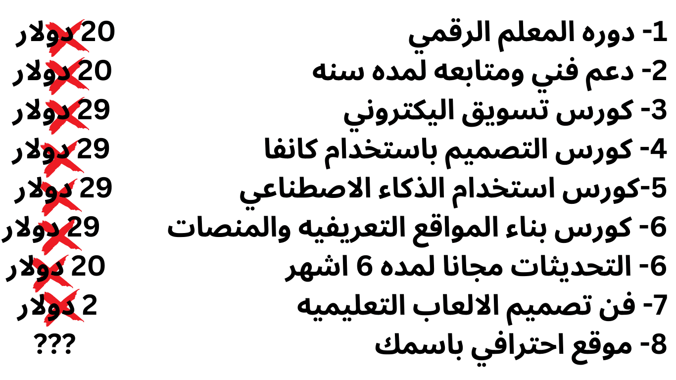 1- تدريب المدربين 99 دولار 2- متابعه لمده سنه 99 دولار 3- كورس تسويق اليكتروني ل منصه الفيس بوك 29 دولار 4- كورس التصميم باستخدام كانفا 29 دو (2)